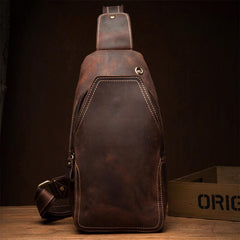Casual Dark Brown Leather Mens Sling Pack Sling Bags Chest Bags One Shoulder Backpack for Men
