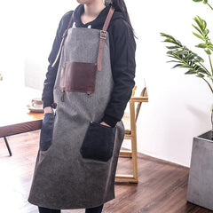 Canvas Leather Mens Womens Gray Craftsman Cafe Staff Clothes Work Apron for Men - imessengerbags