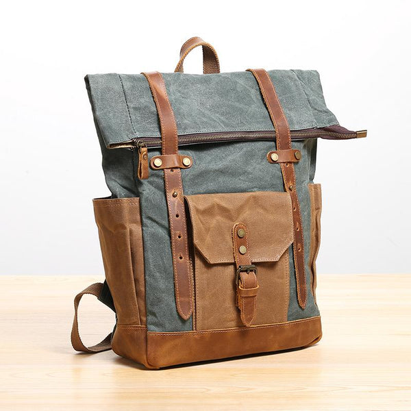 Waxed Canvas Leather Mens 17‘’ Lake Green Backpack Khaki Travel Backpack Dark Gray Hiking Backpack for Men - imessengerbags