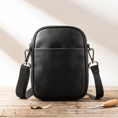 Black Leather Mens 8 inches Small Vertical Side Bag Black Messenger Bags Postman Bag Courier Bag for Men