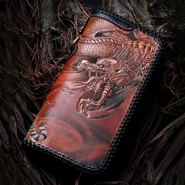 Handmade Leather Tooled Chinese Dragon Tiger Mens Chain Biker Wallet Cool Leather Wallet Long Clutch Wallets for Men - imessengerbags