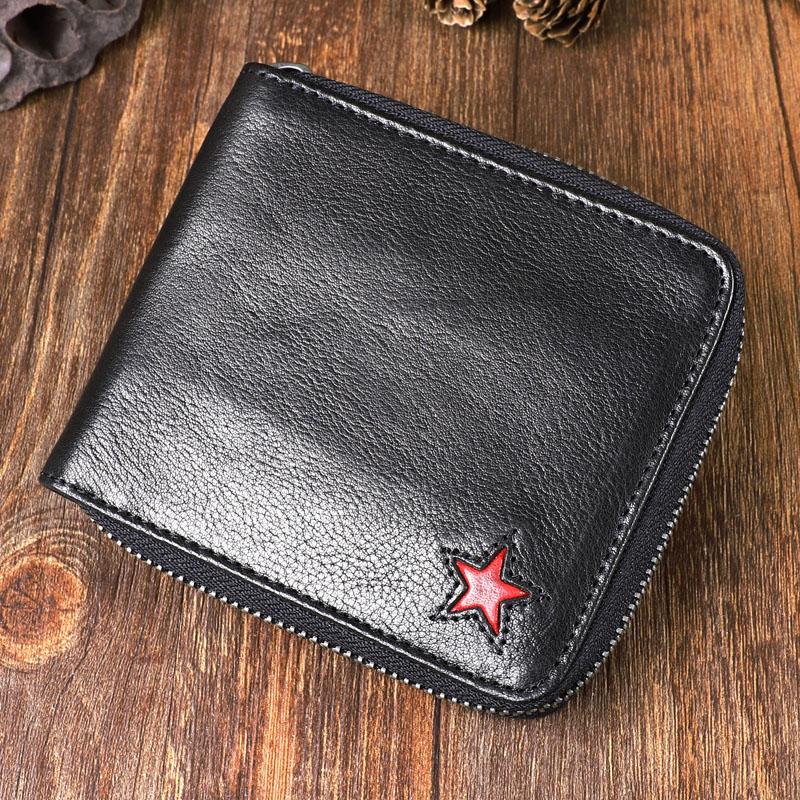 Cool Leather Mens Black Zipper Small billfold Wallet Leather Wallet Bifold billfold Wallets for Men