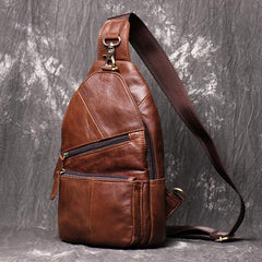 Brown Leather Backpack Men's Sling Bag Chest Bag Brown One shoulder Backpack Sling Pack For Men