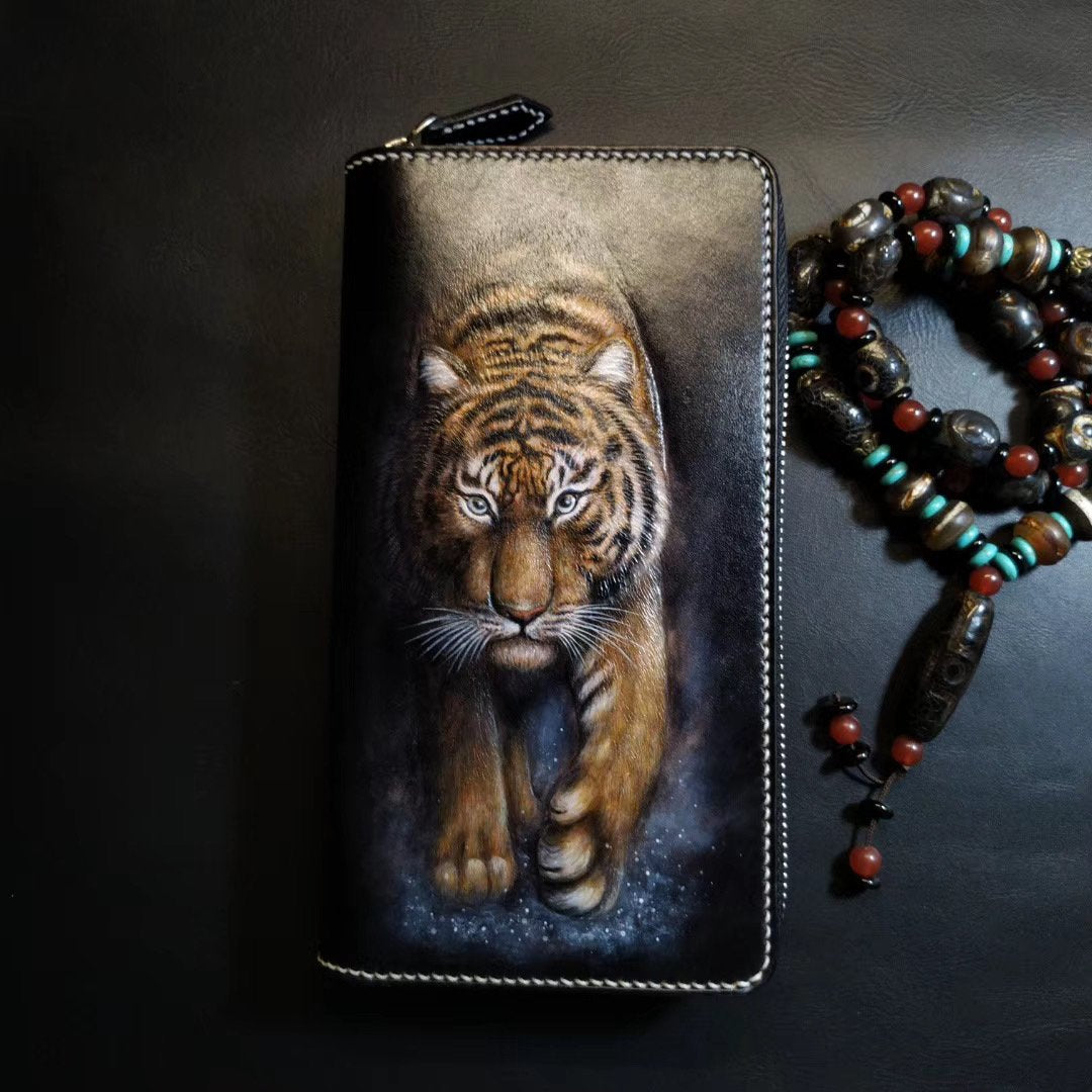 Badass Black Leather Men's Tiger Long Biker Wallet Handmade Tooled Zipper Long Wallets For Men