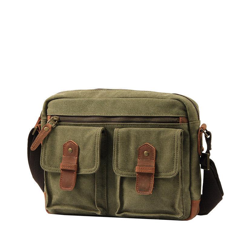 Fashion Canvas Leather Mens Khaki Side Bag Messenger Bags Army Green Canvas Courier Bag for Men