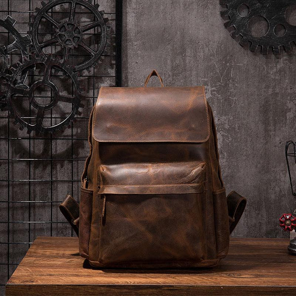 Black Cool Mens Leather 15inch Laptop Backpack Leather School Backpack Travel Backpack for Men - imessengerbags