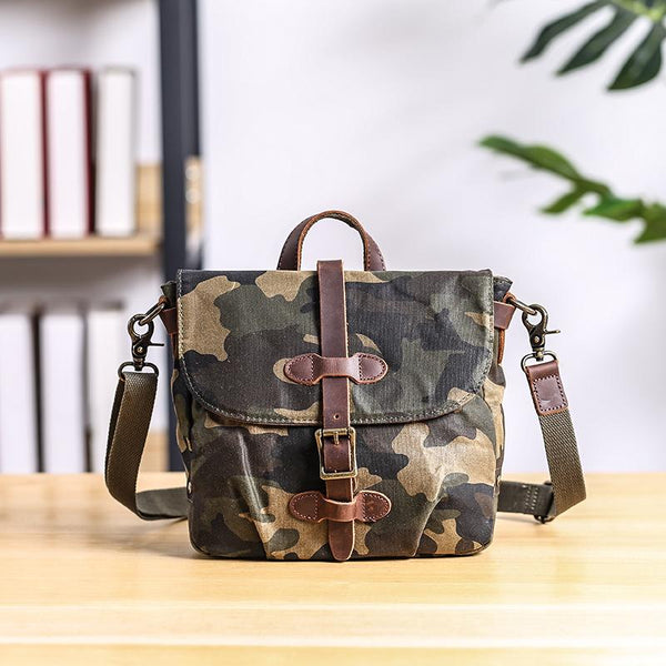 Camouflage Waxed Canvas Leather Mens Waterproof Side Bag Postman Bag Messenger Bag for Men