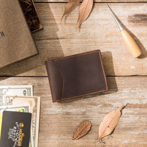 Coffee Cool Leather Mens Slim Small Wallets Bifold Vintage billfold Wallet for Men - imessengerbags
