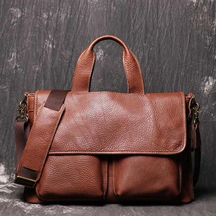 Brown Leather Mens Business Briefcase 14'' Laptop Work Bag Brown Handbag Briefcase Shoulder Bags For Men