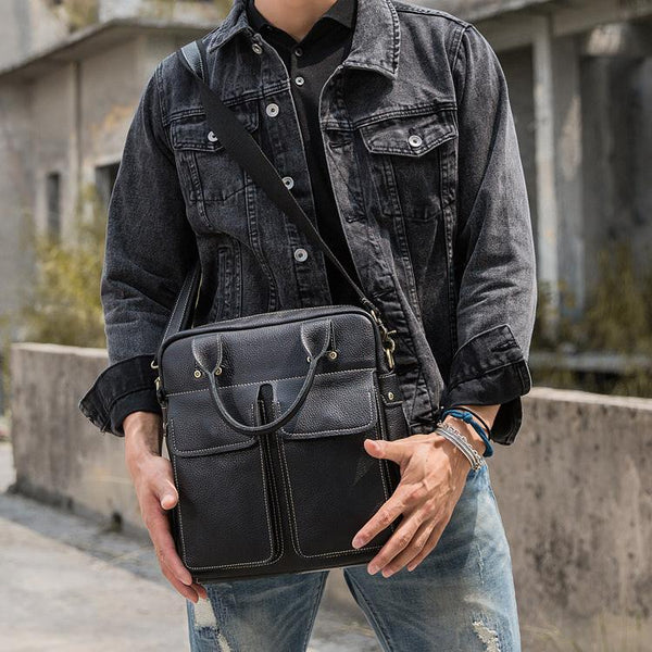 Black Casual Leather Mens 10 inches Vertical Briefcase Side Bags Postman Bag Black Work Bag Courier Bag for Men