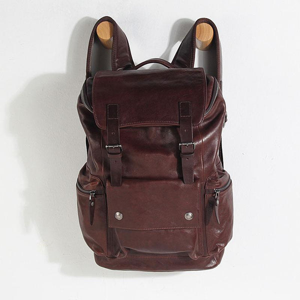 Genuine Leather Mens Cool Backpack Sling Bag Large Black Travel Bag Hiking Bag for men - imessengerbags