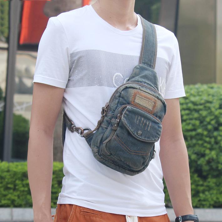 Denim Vintage Blue Messenger Bag Chest Bag Jean Blue One Shoulder Backpack For Men