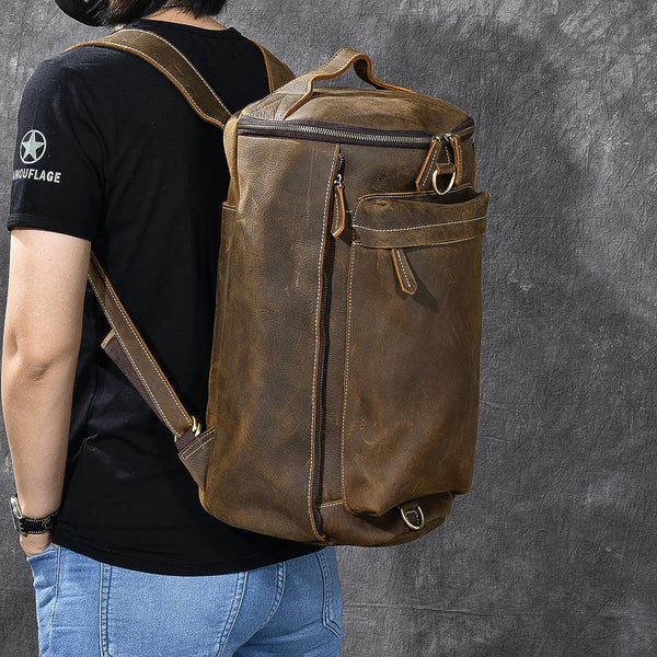 Brown Leather Mens 15" Laptop Backpack Hiking Backpack Travel Backpack Crossbody Bag for Men - imessengerbags