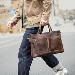 Vintage Dark Brown Mens Leather Briefcase Work Handbags Brown 14'' Computer Briefcase For Men - imessengerbags