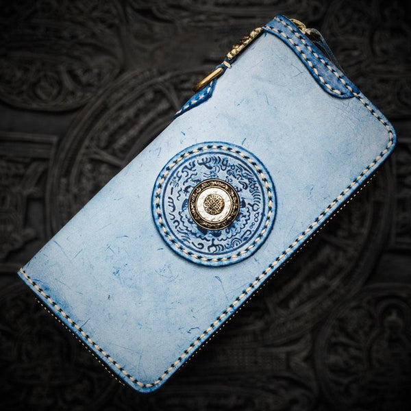 Handmade Leather Mens Tibetan Chain Biker Wallet Cool Leather Wallet Long Clutch Wallets for Men - imessengerbags