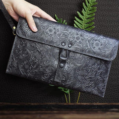 Handmade Leather Floral Tooled Mens Clutch Cool Slim Wallet Zipper Clutch Wristlet Wallet for Men