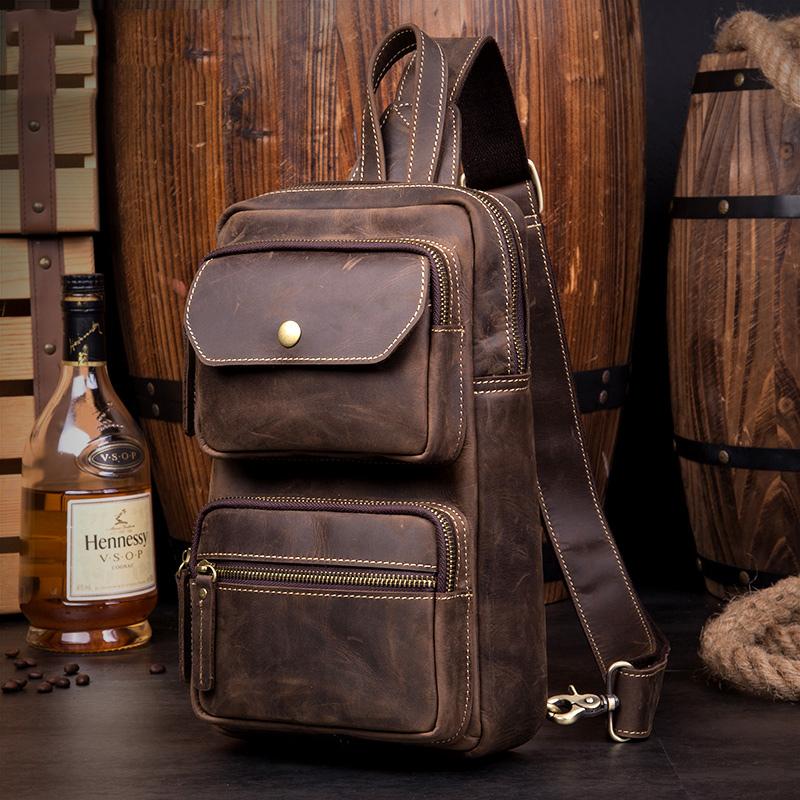 Cool Brown Leather Mens Sling Pack Sling Bags Coffee Crossbody Pack Chest Bag for men
