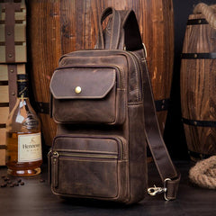 Cool Brown Leather Mens Sling Pack Sling Bags Coffee Crossbody Pack Chest Bag for men - imessengerbags