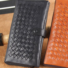 Genuine Leather Mens Cool Braided Wallet Long Leather Wallet Clutch Wristlet Wallet for Men - imessengerbags