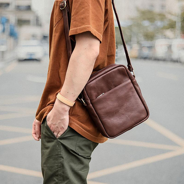 Brown Leather Mens CasualSmall Vertical Courier Bag Messenger Bags Black Postman Bag For Men - imessengerbags