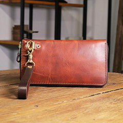 Vintage Brown Leather Mens Clutch Large Distressed Wallet Zipper Clutch Wristlet Wallet for Men