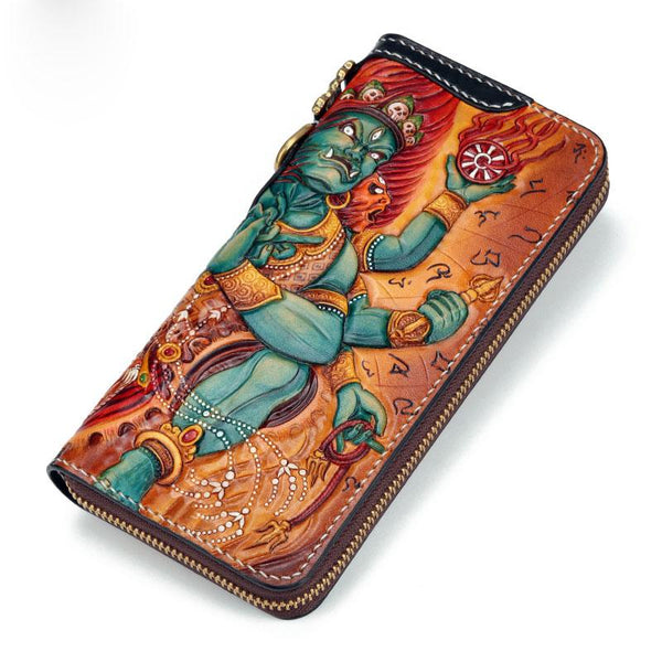 Handmade Leather Tooled Ucchusma Mens Chain Biker Wallet Cool Leather Wallet Zipper Long Phone Wallets for Men - imessengerbags
