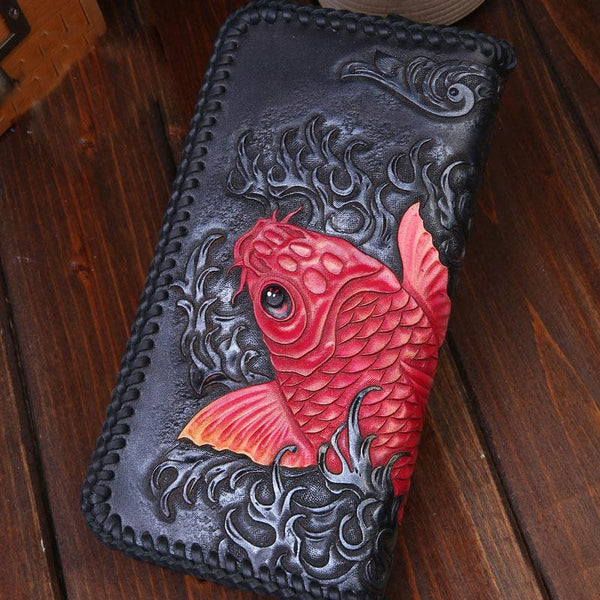 Handmade Leather Mens Clutch Wallet Tooled Cool Carp Wallet Long Zipper Wallets for Men - imessengerbags