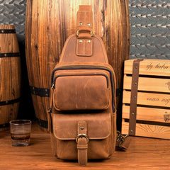 Cool Brown Leather Mens Sling Pack Sling Bag Crossbody Pack One Shoulder Pack Chest Bag for men - imessengerbags