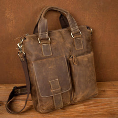 Vintage Brown Leather Mens 13 inches Vertical Briefcase Laptop Bags Business Bags Work Messenger Bag for Men