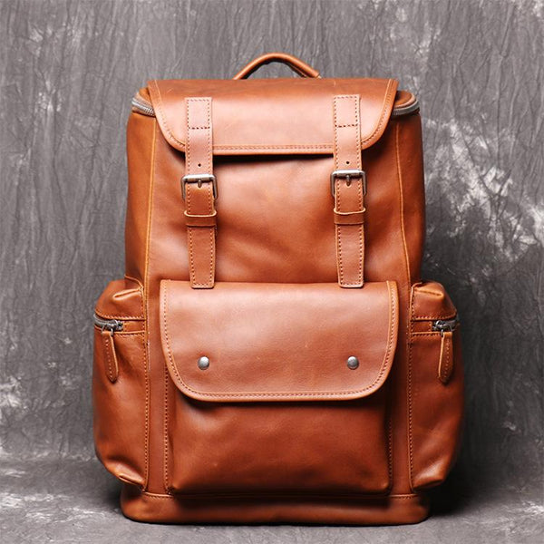 Cool Brown Mens Leather 15.6 inches Large School Backpack Travel Backpack for Men