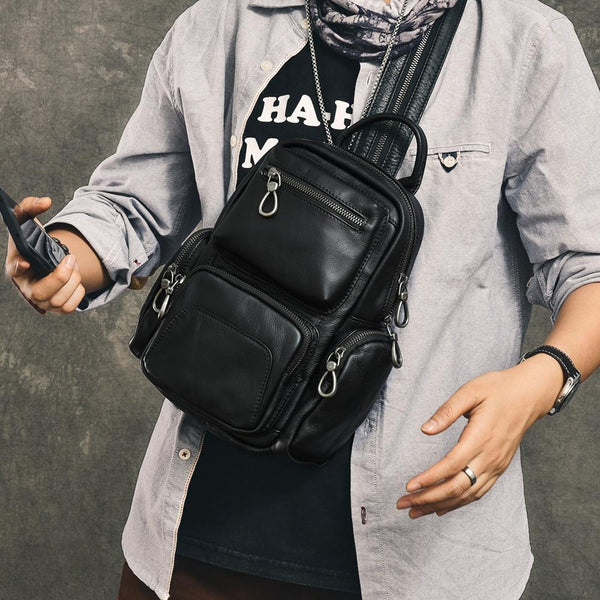 Cool Leather Mens 8" Black Backpack Sling Bag Chest Bag One Shoulder Backpack for Men