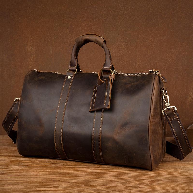 Cool Brown Leather 16 inches Black Shoulder Weekender Bag Travel Bags Duffle luggage Bag for Men - imessengerbags