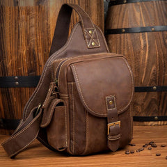 Casual Brown Leather Mens Sling Packs Sling Bag Chest Bag One Shoulder Backpack for Men - imessengerbags