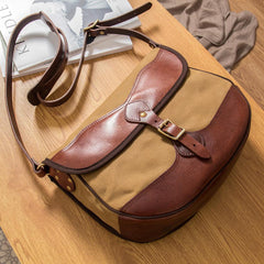 Canvas Leather Mens Casual Khaki Shoulder Bag Saddle Courier Bag Side Bag Messenger Bag for Men