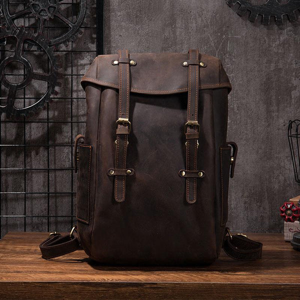 Coffee Cool Mens Leather Hiking Backpack Large Travel Backpack Leather Backpack for Men - imessengerbags