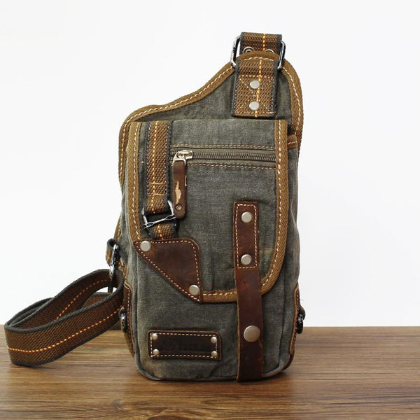 Canvas Black Mens Sling Bag Green Chest Bag One Shoulder Backpack For Men