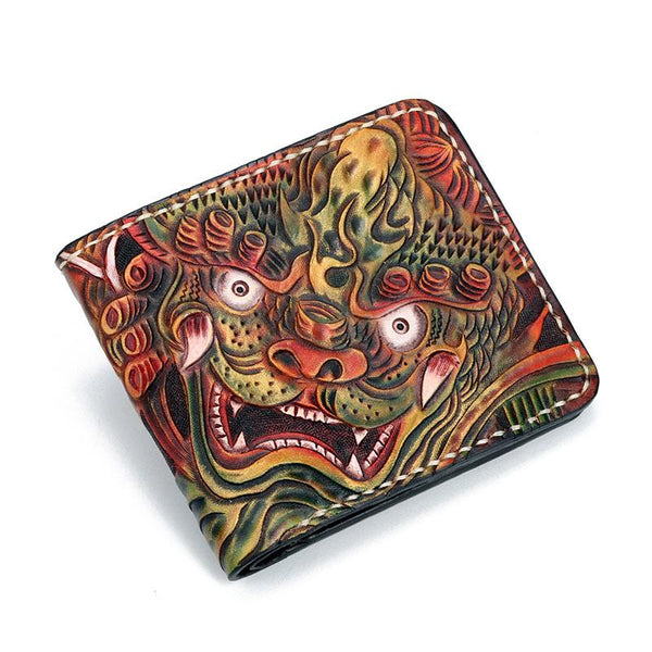 Handmade Leather Chinese Lion Tooled Mens billfold Wallet Cool Leather Wallet Slim Wallet for Men - imessengerbags