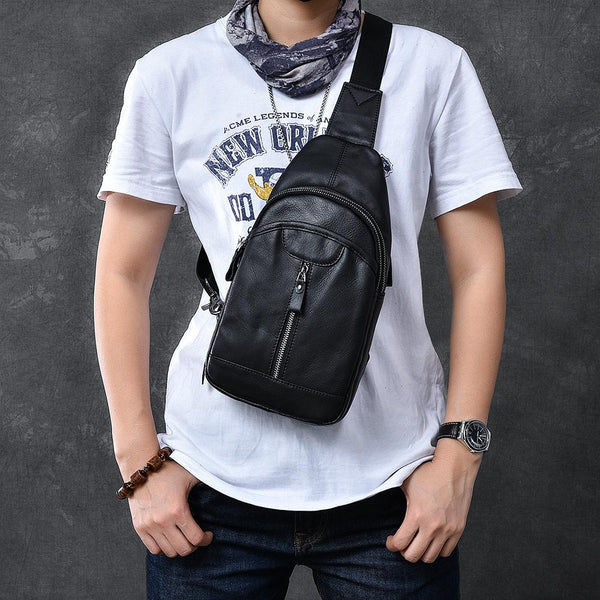 Cool Leather Mens 8" Black Sling Bag Chest Bag One Shoulder Backpack for Men - imessengerbags