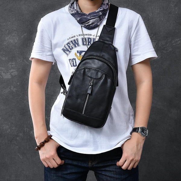 Cool Leather Mens 8" Black Sling Bag Chest Bag One Shoulder Backpack for Men