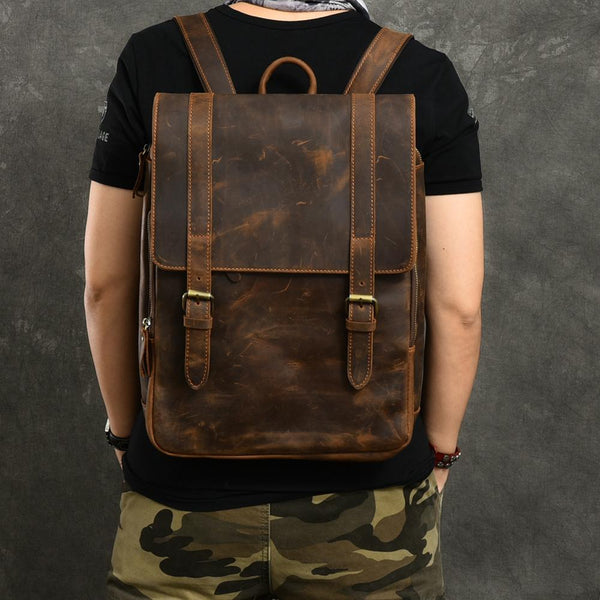 Cool Leather Mens 14" Dark Brown Hiking Backpack Travel Backpack College Backpack for Men - imessengerbags