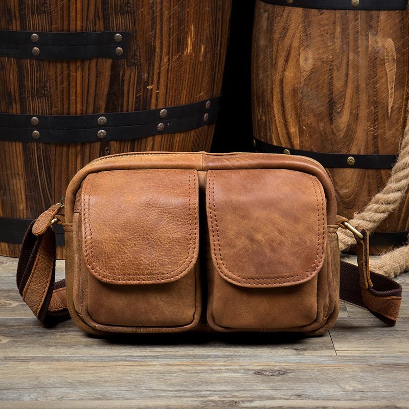 Khaki Leather 10 inches Mens Small Messenger Bag Brown Courier Bags Postman Bag for Men - imessengerbags