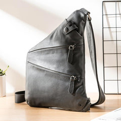 Badass Black Leather Men's Sling Bag Chest Bag Black One shoulder Backpack Bundy Bag For Men