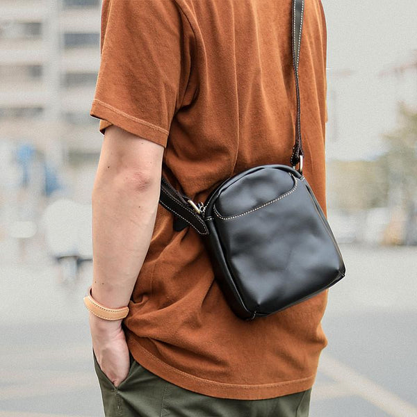 Black Leather Mens Casual Mini Phone Bags Messenger Bags Amber Postman Bag For Men - imessengerbags