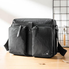 Black Cool Leather Mens 13 inches Side Bag Messenger Bags Black Courier Bags Postman Bag for Men - imessengerbags