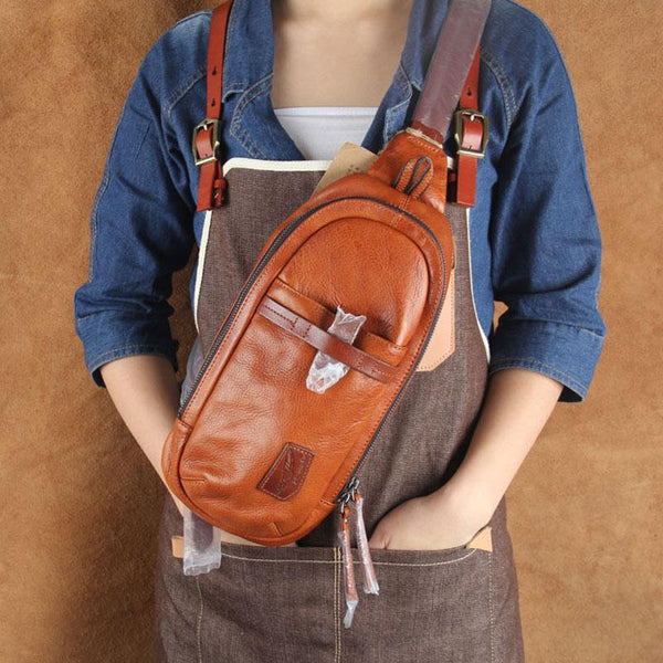 Genuine Leather Mens Cool Chest Bag Sling Bag Crossbody Bag Travel Bag Hiking Bag for men