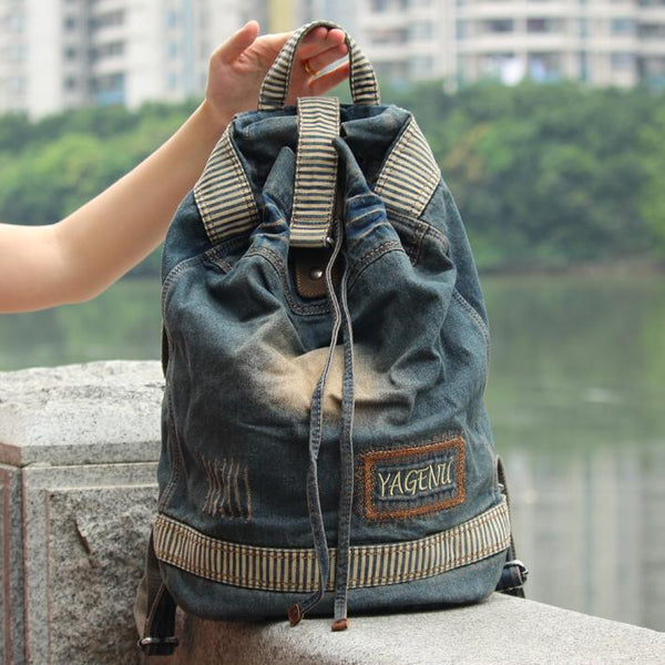 Denim Blue Mens Womens Large Barrel Backpack Laptop Backpack Bucket Jean Travel Backpacks For Men - imessengerbags