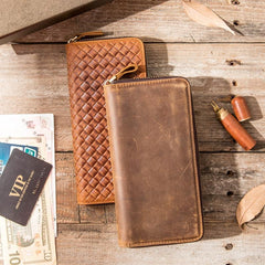 Brown Vintage Cool Mens Zipper long Wallet Leather Wallet Bifold Long Wallets Clutch for Men - imessengerbags