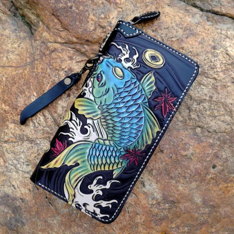 Black Handmade Double Carp Tooled Leather Long Biker Wallet Chain Wallet Clutch Wallet For Men - imessengerbags