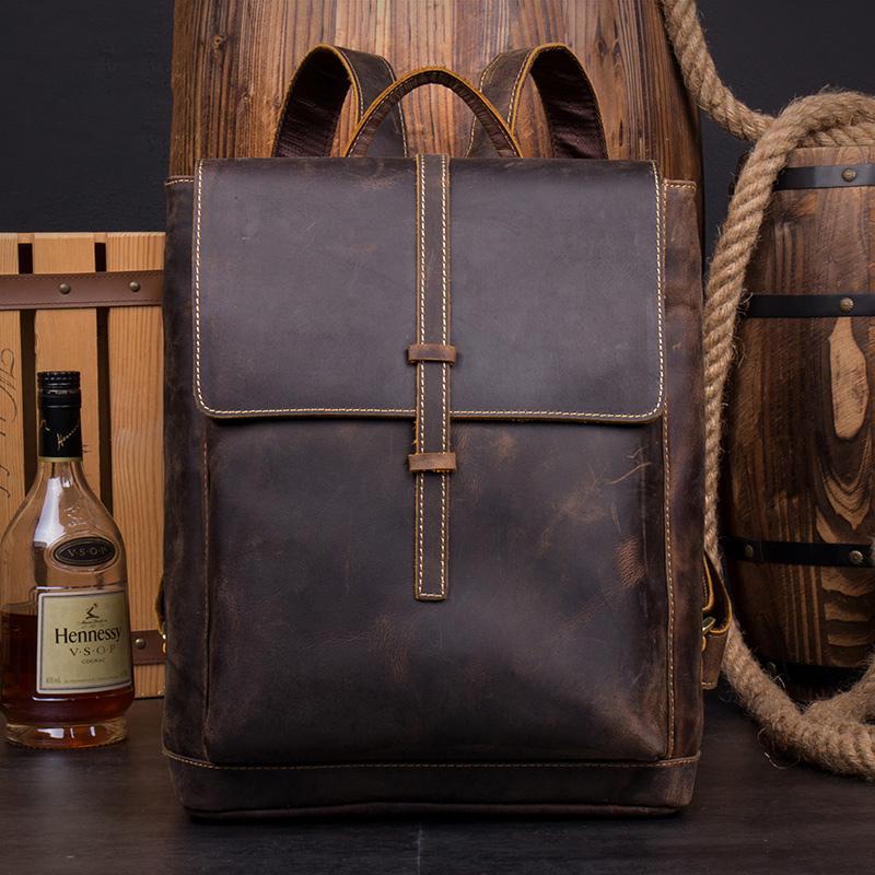 Casual Coffee Leather Mens 14 inches Laptop Travel Backpacks School Computer Backpack for Men - imessengerbags