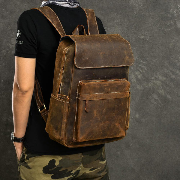 Cool Leather Mens 14" Retro Brown Hiking Backpack Travel Backpack College Backpack for Men - imessengerbags